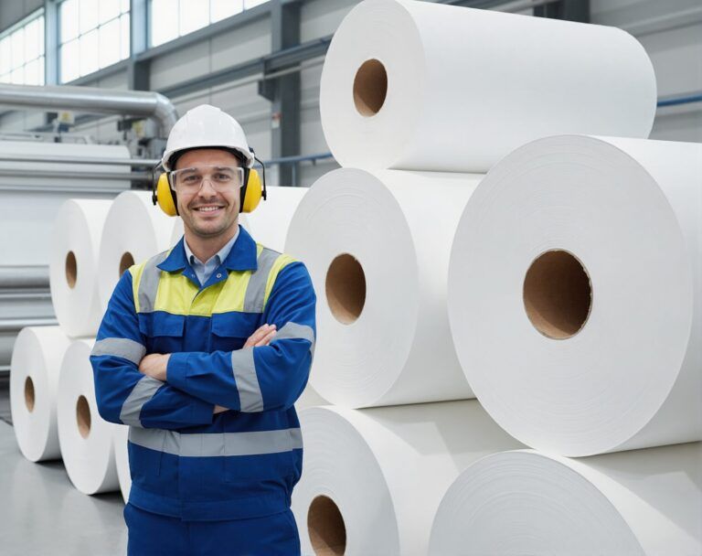 Technician standing with wide-width coated rolls