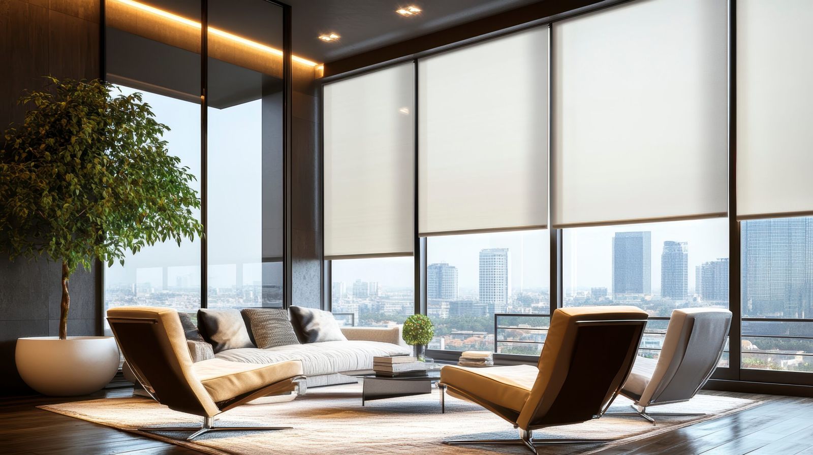 Motorized roller shades in a high-rise living room
